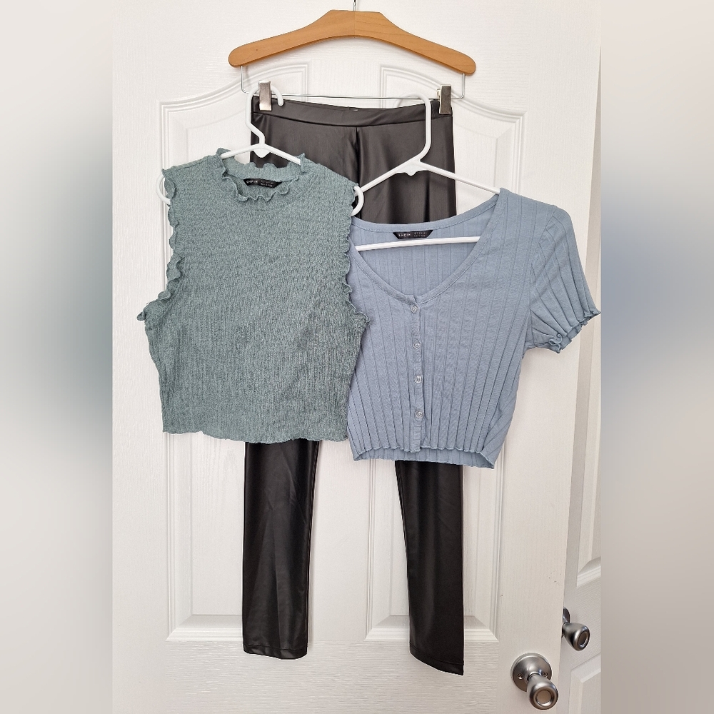 SHEIN Textured Blue Crop Tops Set And Zara Girls Faux Leather Black Pants